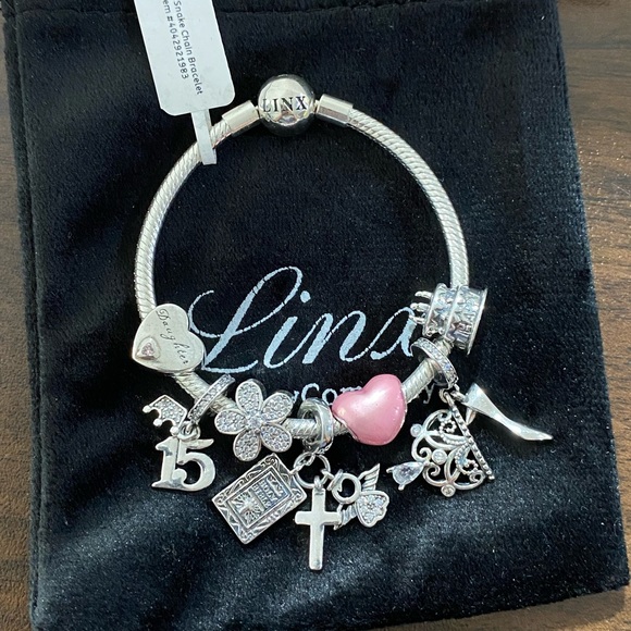 Linx Snake Chain Bracelet with Religious Quinceanera 15th Birthday Themed Charms - Picture 3 of 6